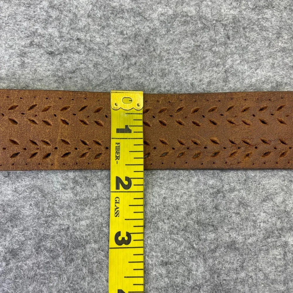 Womens Brown Genuine Leather Perforated Floral Belt 30''xDistressed Brass Buckle